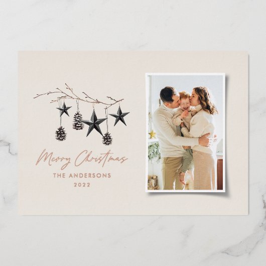 beige moderne scandi elegante kerstfoto folie feestdagenkaart (Voorkant)