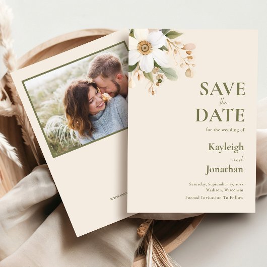 Beige Moderne Waterverf Bloem Foto Bruiloft  Save The Date