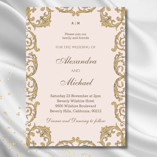 Beige  Monogram  Barok Huwelijk Kaart