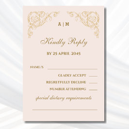 Beige Monogram Barok Wedding RSVP Kaart