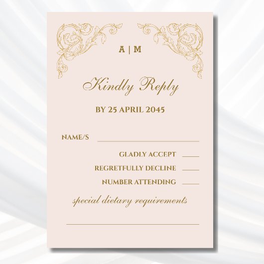 Beige Monogram Barok Wedding RSVP Kaart