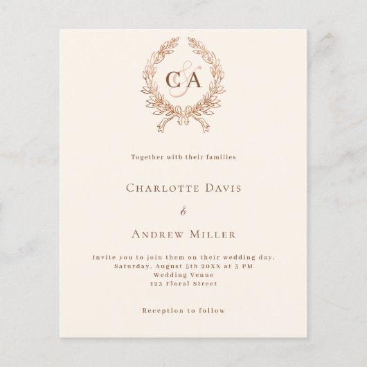 Beige monogram budget bruiloft uitnodiging (Voorkant)