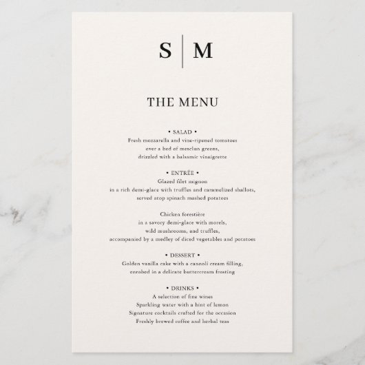 Beige Monogram Elegant Minimalistisch Trouwmenu (Voorkant)