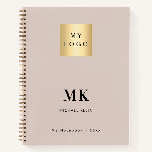 Beige monogram initiaal bedrijfslogo notitieboek (Voorkant)