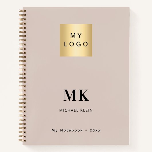 Beige monogram initialen business logo notitieboek (Voorkant)