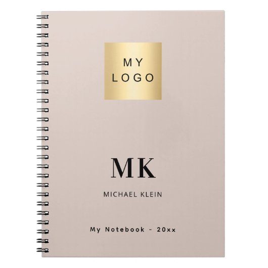 Beige monogram initialen zakelijk logo notitieboek (Voorkant)
