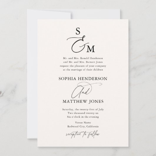 Beige Monogram Kalligrafie Formele bruiloft Kaart (Voorkant)