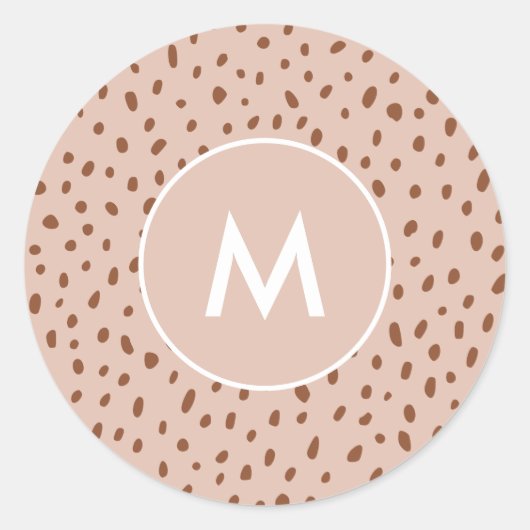 Beige Monogram Terracotta Bruine Stippen Print Ronde Sticker (Voorkant)