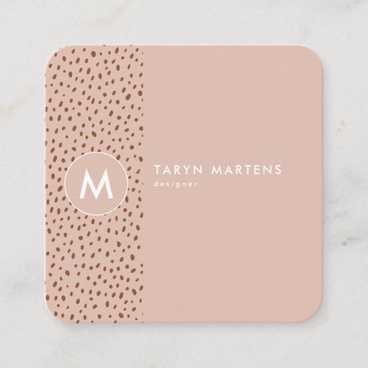 Beige Monogram Terracotta Bruine Stippen Print Vierkante Visitekaartje (Voorkant)