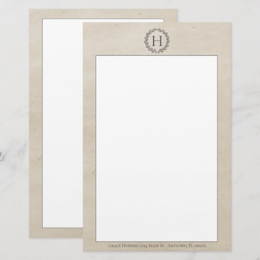 Beige Monogram Wreath Stationery Briefpapier (Voorkant / Achterkant)