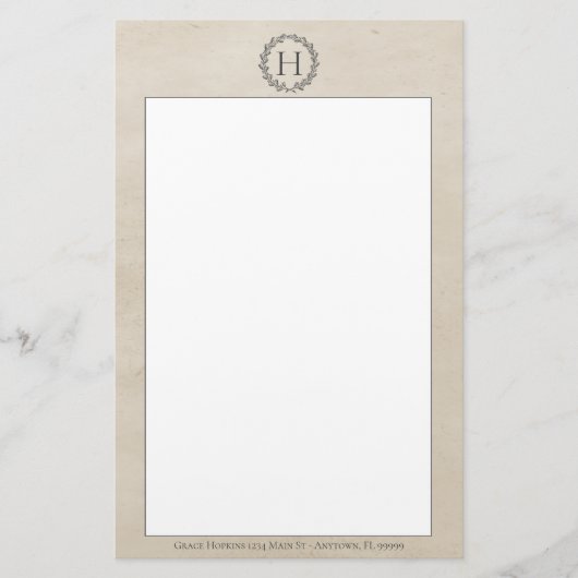 Beige Monogram Wreath Stationery Briefpapier (Voorkant)