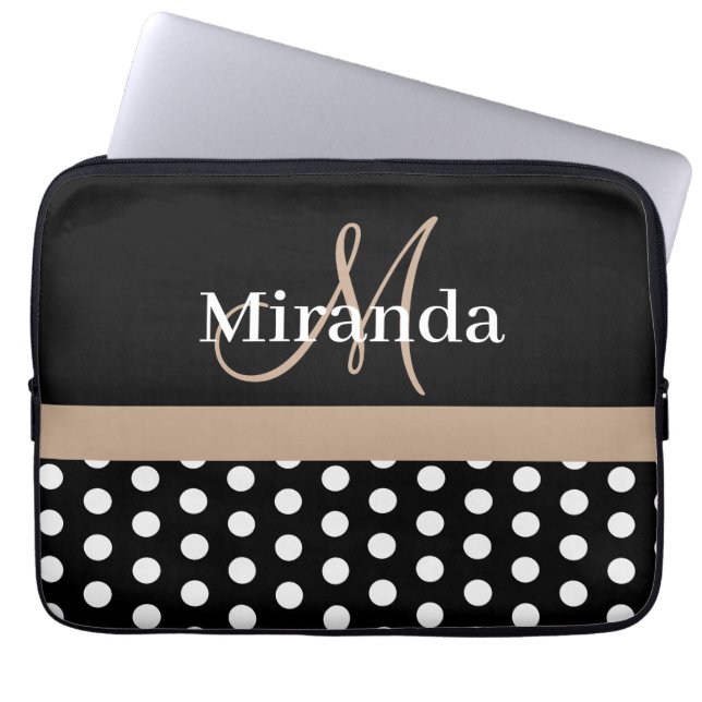 Beige Monogram Zwart Wit Polka Dot Laptop Sleeve (Voorkant)