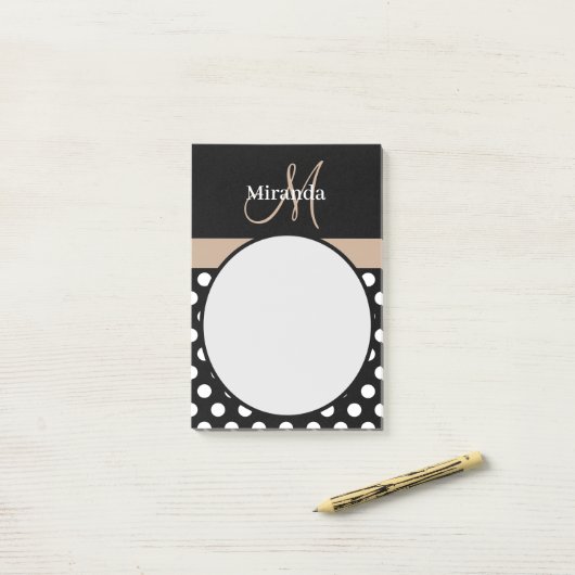 Beige Monogram Zwart Wit Polka Dot Post-it® Notes (Op bureau)