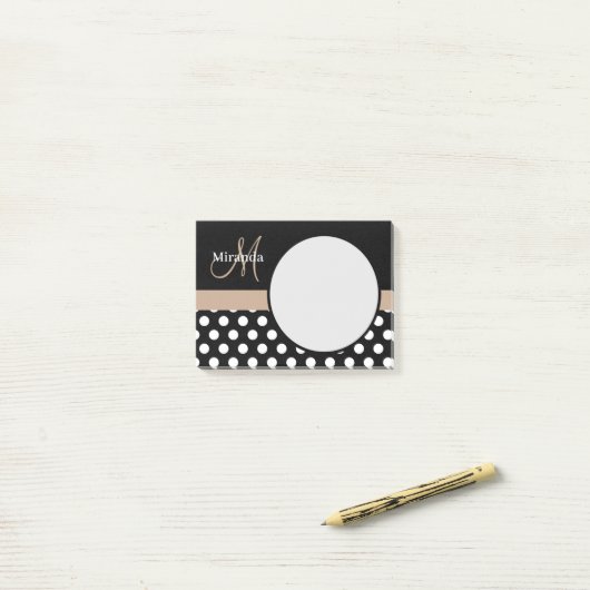 Beige Monogram Zwart Wit Polka Dot Post-it® Notes (Op bureau)