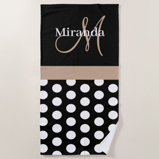 Beige Monogram Zwart Wit Polka Dot Strandlaken (Voorkant)
