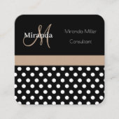Beige Monogram Zwart Wit Polka Dot Vierkante Visitekaartje (Voorkant)