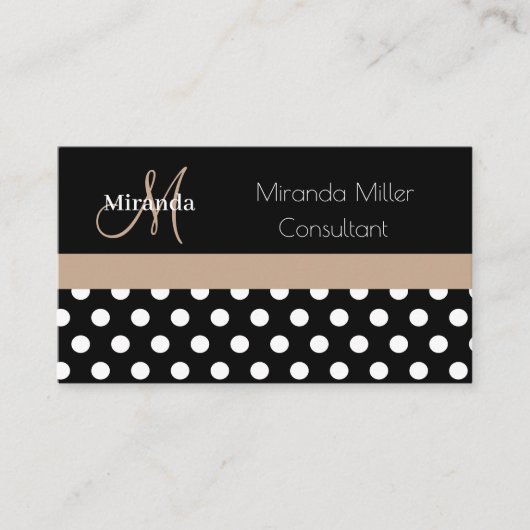 Beige Monogram Zwart Wit Polka Dot Visitekaartje (Voorkant)