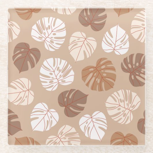 Beige Monstera bladeren: Trendy handgetekend patro Glazen Onderzetter (Voorkant)