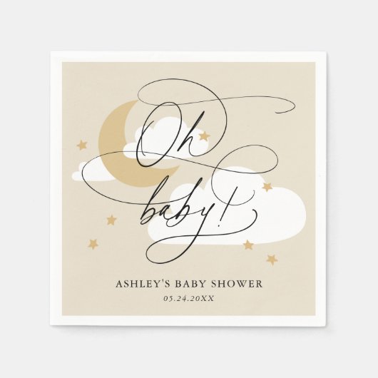 Beige Moon en Stars Script Oh Baby shower Napkins Servet (Voorkant)