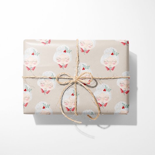 Beige Mrs. Claus Faces Christmas Wrapping Paper Cadeaupapier