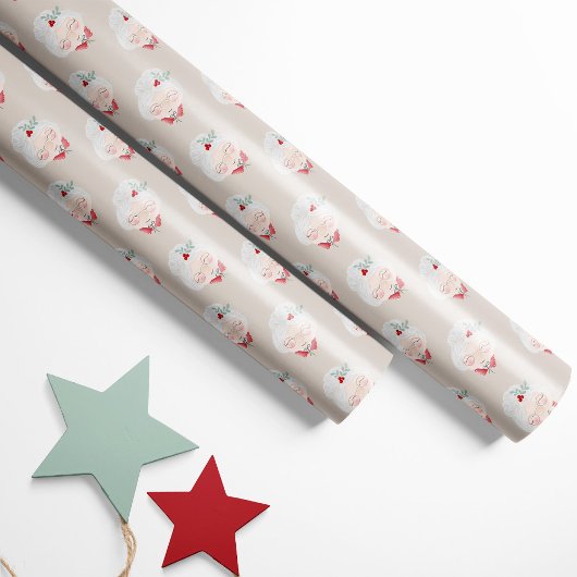 Beige Mrs. Claus Faces Christmas Wrapping Paper Cadeaupapier