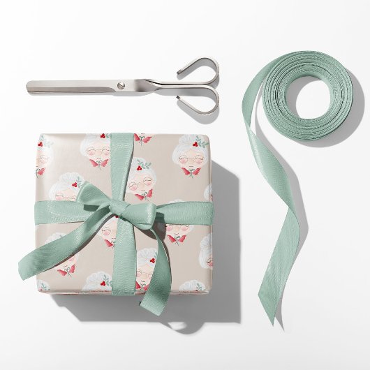 Beige Mrs. Claus Faces Christmas Wrapping Paper Cadeaupapier