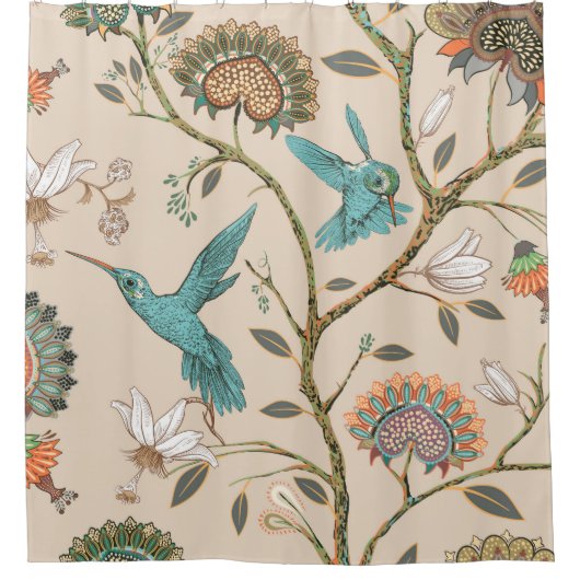 Beige naadloos patroon met gestileerde bloemen en  douchegordijn (Voorkant)