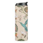 Beige naadloos patroon met gestileerde bloemen en  thermosbeker (Gedraaid links)