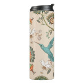 Beige naadloos patroon met gestileerde bloemen en thermosbeker (Gedraaid links)