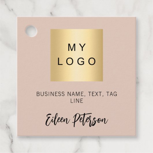 Beige naam bedrijf logo QR code hang label (Voorkant)