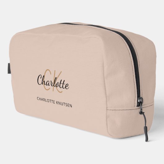 Beige naam monogram initialen script modern toilettasje (Rechterhoek)