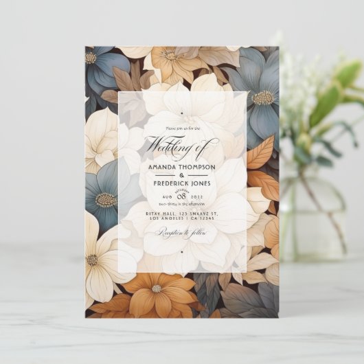 Beige naar Chestnut Floral Fall Bruiloft Kaart (Staand voorkant)