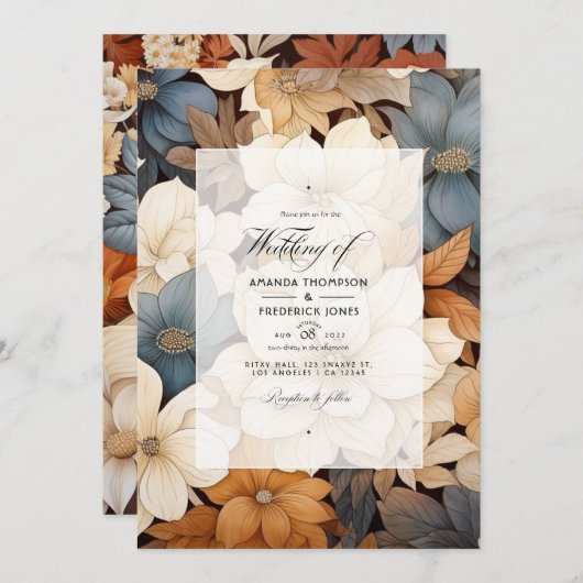 Beige naar Chestnut Floral Fall Bruiloft Kaart (Voorkant / Achterkant)