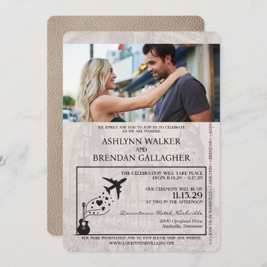 Beige Nashville Passport Wedding Invitation Kaart (Voorkant / Achterkant)