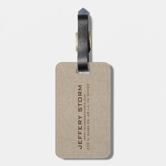 Beige natuurlijke linnen jute stof look textuur bagagelabel (Achterkant verticaal)