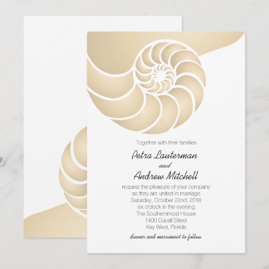 Beige Nautilus Shell Beach Wedding Kaart (Voorkant / Achterkant)