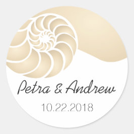 Beige Nautilus Shell Beach Wedding Ronde Sticker