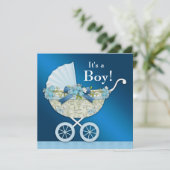 Beige Navy Blue Baby Carriage Boy Shower Kaart (Staand voorkant)