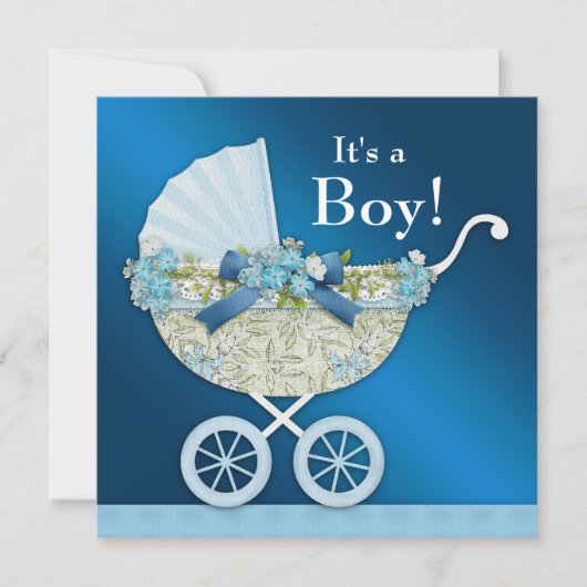 Beige Navy Blue Baby Carriage Boy Shower Kaart (Voorkant)