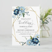 Beige Navy Blue Elegant Floral Gold Lijst Wedding Kaart (Staand voorkant)