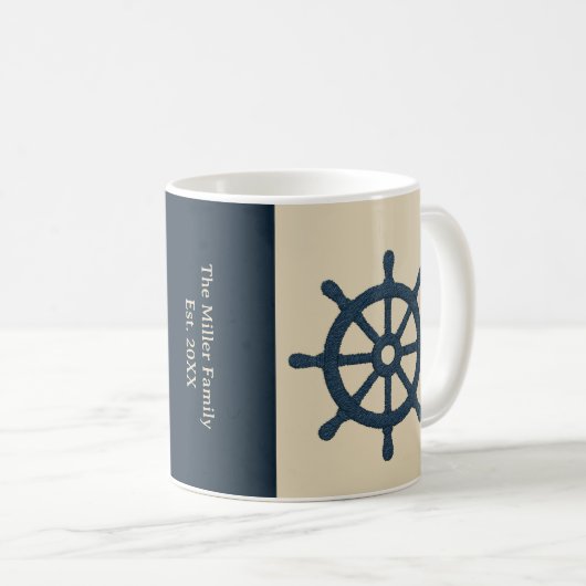 beige navy blue ship wheel Family Name est. Year  Koffiemok (Voorkant rechts)