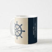 beige navy blue ship wheel Family Name est. Year  Koffiemok (Voorkant links)