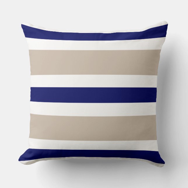 Beige Navy Blue & White Stripe Couch Pillow Gift Kussen (Voorkant)