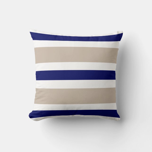 Beige Navy Blue & White Stripe Couch Pillow Gift Kussen (Voorkant)