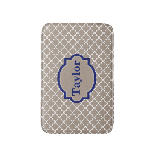 Beige Navy Quatrefoil Monogram Bathmat Badmat (Voorkant Verticaal)