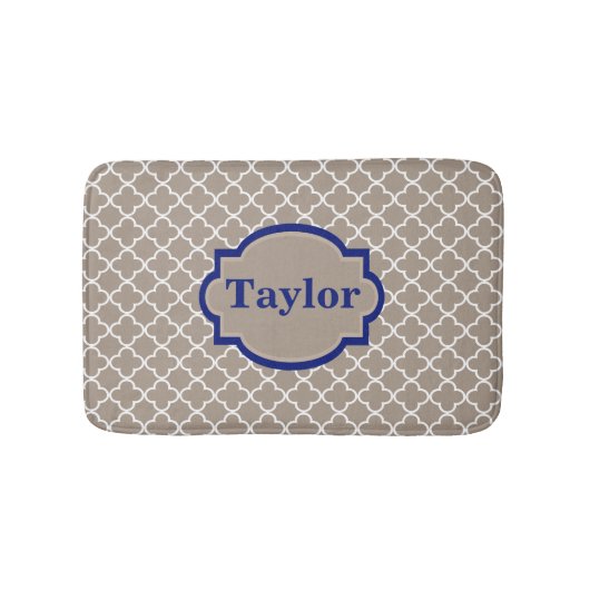 Beige Navy Quatrefoil Monogram Bathmat Badmat (Voorkant)