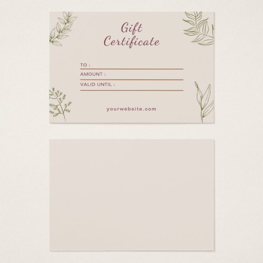 Beige Neutraal Elegant Cadeaubon Visitekaartje (Voorkant /achterkant)