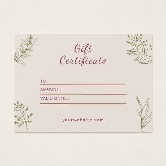 Beige Neutraal Elegant Cadeaubon Visitekaartje (Voorkant)