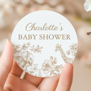 Beige Neutral Baby shower Safari Toile de Jouy Ronde Sticker