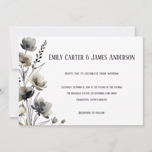 Beige Neutral Floral Wedding Kaart (Voorkant)